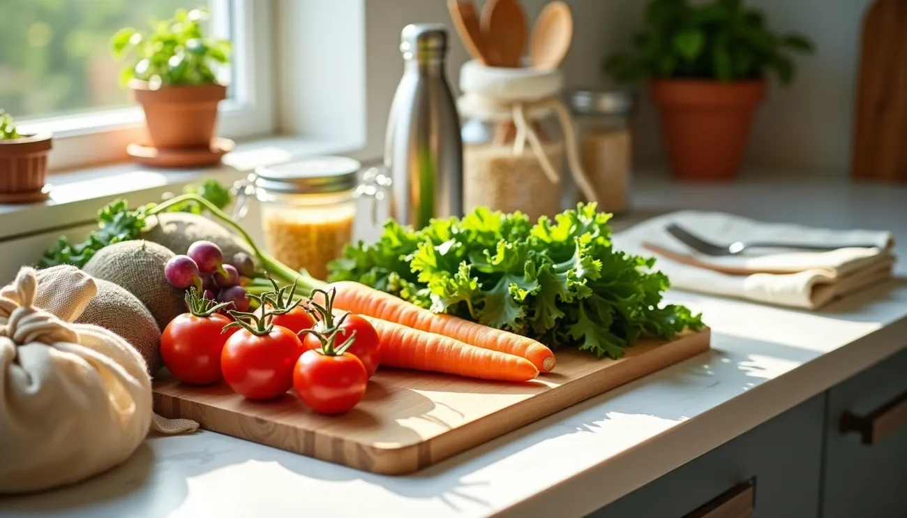 Fresh vegetables including tomatoes, carrots, and lettuce on a kitchen counter with natural light and eco-friendly items