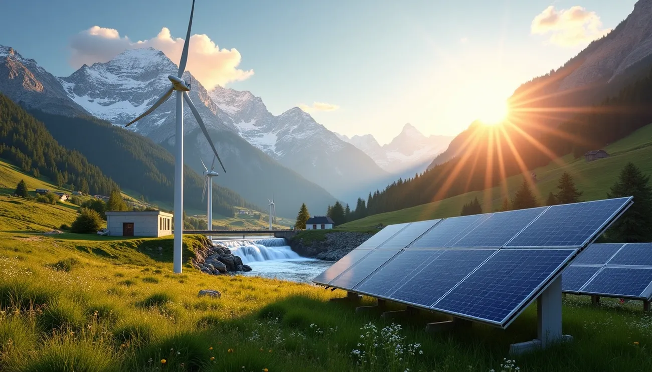 Solar panels, wind turbines, and a hydroelectric dam in a mountainous landscape at sunrise symbolizing renewable energy.
