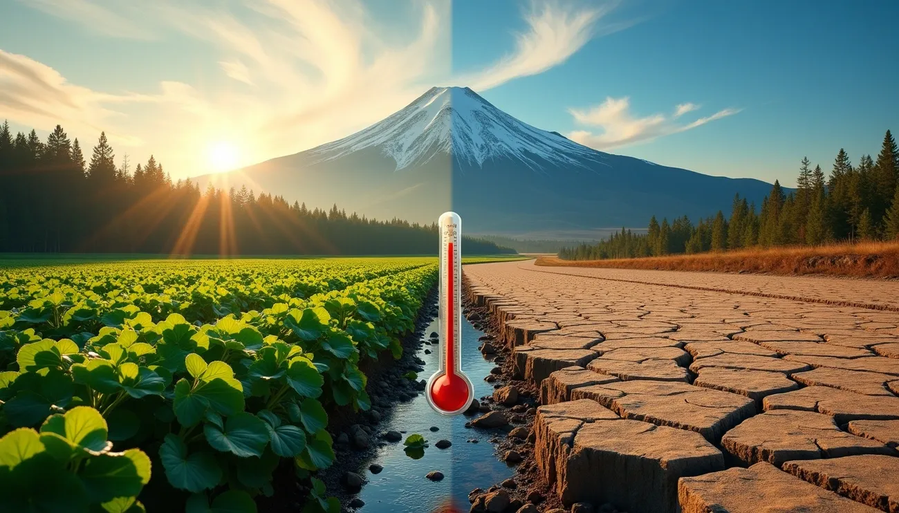 Split image showing healthy green crops and cracked dry soil with a rising thermometer against a mountain backdrop at sunrise.
