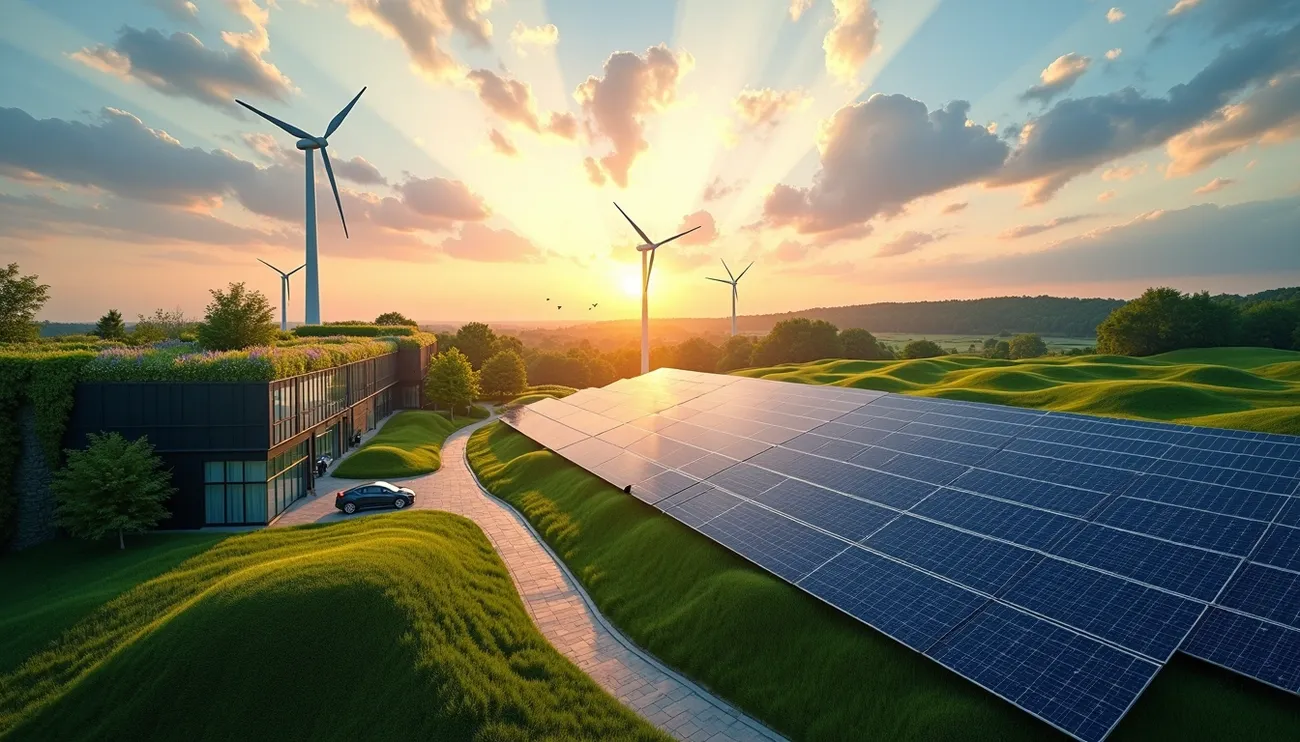 Solar panels and wind turbines at sunset on green hills beside a modern building with a green roof and a car driveway.