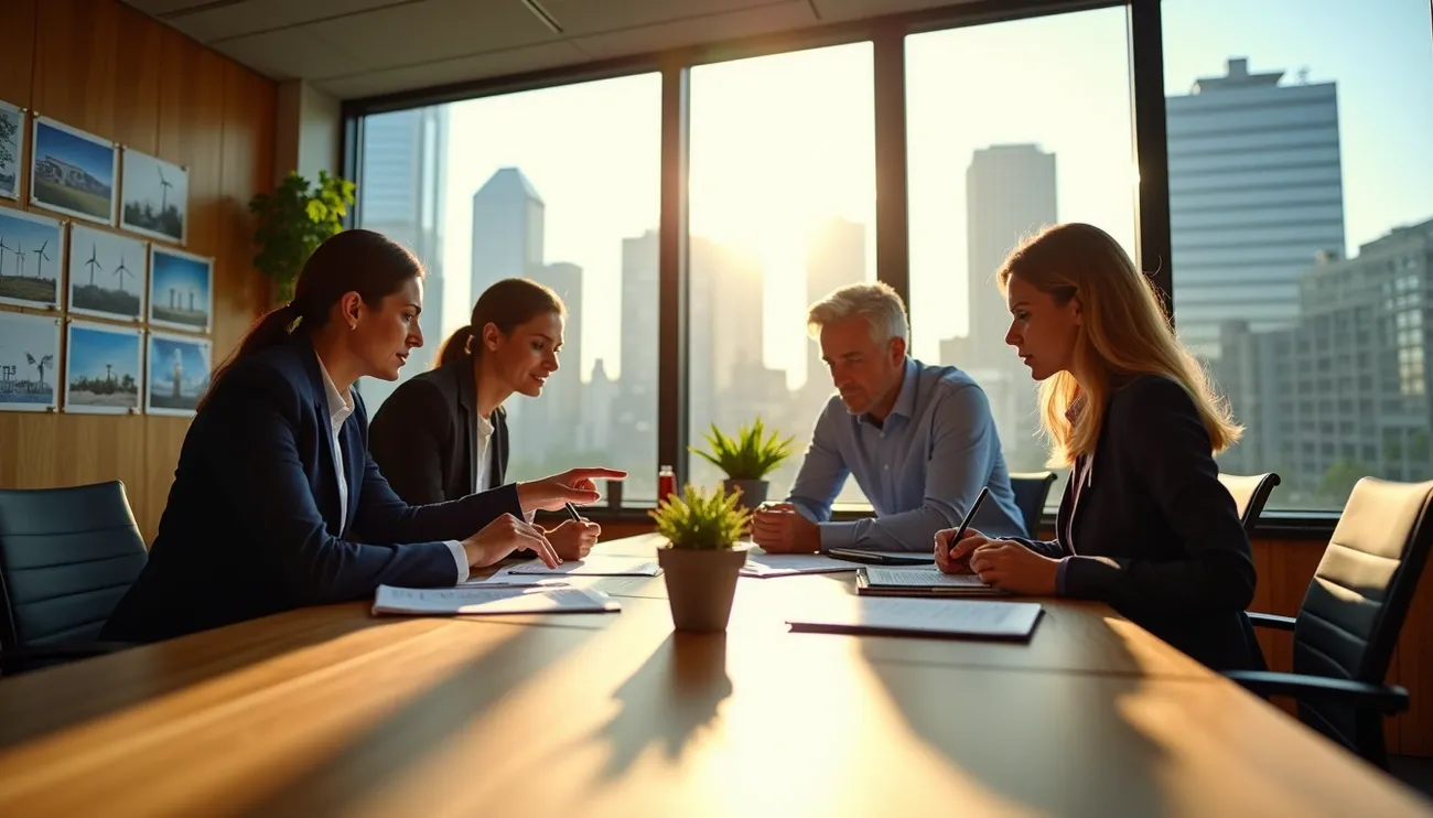 Business team discussing documents in a sunlit office with city skyline and sustainability photos on the wall.