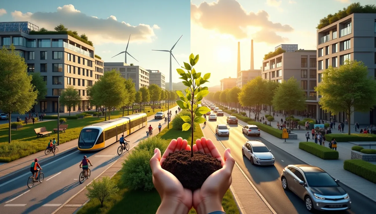 Hands holding soil with a growing plant in a modern city with wind turbines, cyclists, and electric cars at sunset.