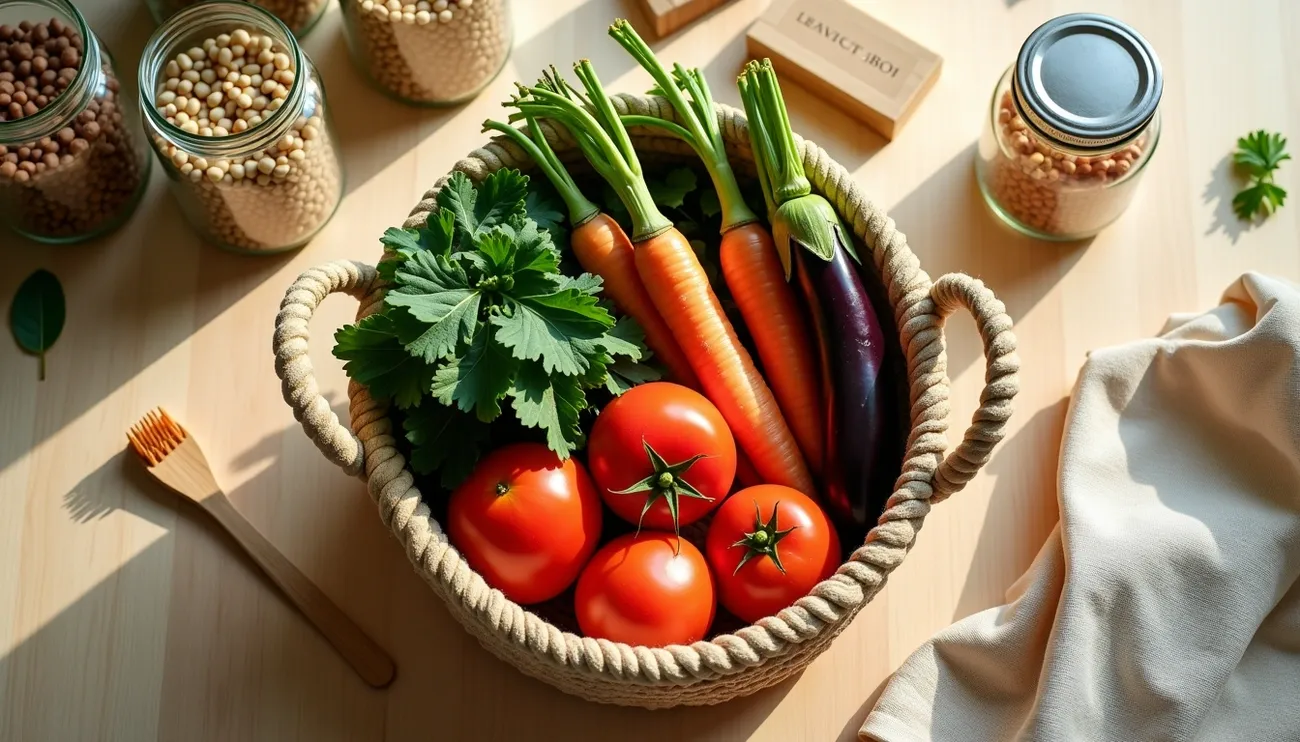 Basket of fresh vegetables including tomatoes, carrots, eggplant, and greens with jars of beans on a wooden table.